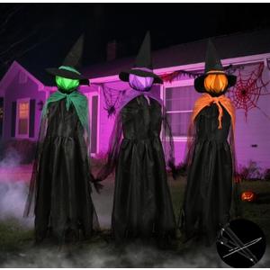 56In LED Set of 3 Black Witches with Stakes Light Up Witches Holding Hands Garden Decor Scary Halloween Decorations Outdoor Yard