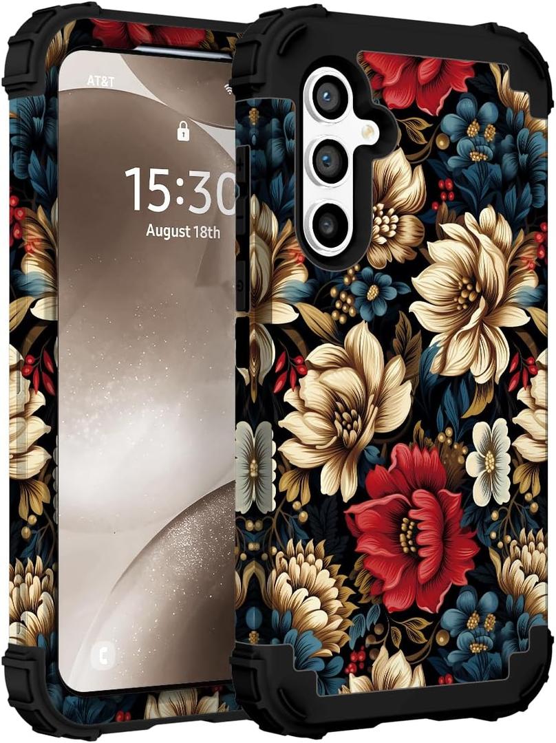 for Galaxy S24 Case,3 in 1 Floral Pattern Heavy Duty Shockproof Soft Silicone Rubber Bumper+Hard Plastic Hybrid Protective Cover for Samsung Galaxy S24 6.2",Black Flower