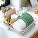Kitsure Dish Drying Rack for Kitchen Counter, Stainless Steel Sink Organization and Storage Essentials with Cutlery Holder, Home and Apartment Decor, 12''W x 15.5''L, Light Grey