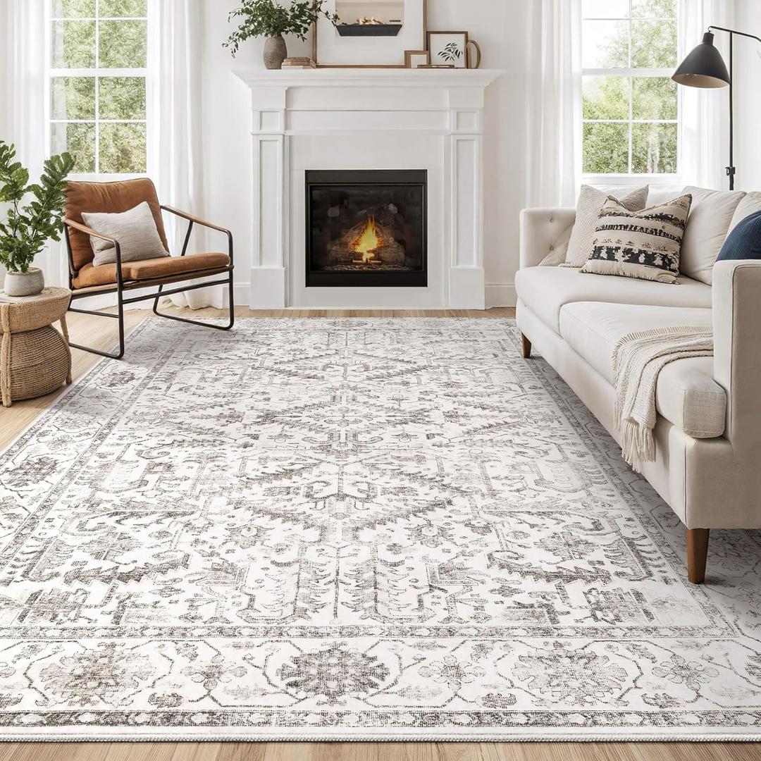 Area Rugs 9x12 for Living Room - Washable Soft Large Vintage Rug Non-Slip Stain Resistant Traditional Stain Resistant Indoor Floor Low Pile Carpet for Bedroom Dining Room or Home Office - White