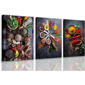 Modern Kitchen Wall Art Colorful Spice In Spoon Wall Decor Vintage Dining Room Posters Pictures Food Canvas Prints Vegetables Chili Paintings Home Decoration Gift Framed (16"L x 24"W)