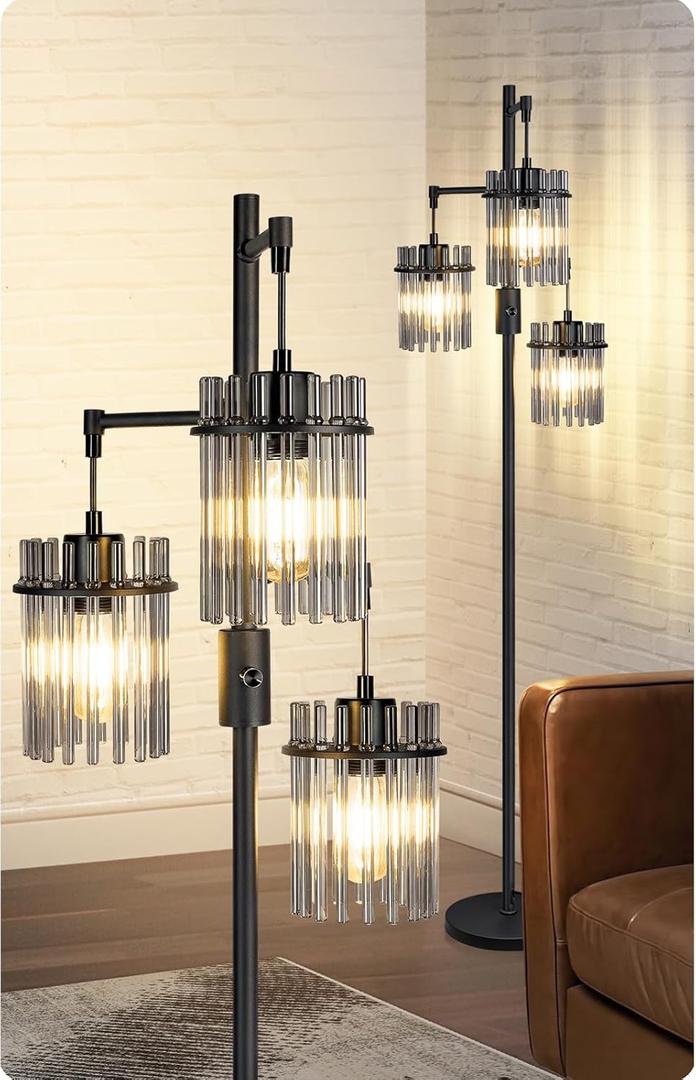 Industrial Modern Floor Lamps for Living Room, Dimmable Glass Tree Standing Tall Lamps with 3 Elegant Teardrop Cage Head & 1200 Lumens LED Bulbs for Bedroom Office (66inch Tall)