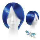 Xinnun Halloween Blue Bob Wig for Cosplay, Short Straight Blue Wigs with Hair Clip, Halloween Character Costume Wig with Dragonfly Hairpins and Weaving Hair Net, 12 Inches/30 cm Wigs