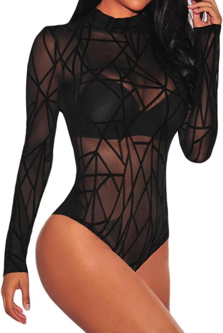 Aranmei Long Sleeve Bodysuit for Women Mesh Bodysuit Turtleneck Sheer Tops Geo Print Leotards (Medium, Black)
