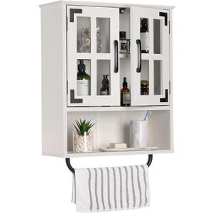 RUSTOWN Wood Wall Storage Cabinet with Cross Glass Doors, Farmhouse Wall Mounted, 3 Tier Rustic Cabinet with Adjustable Shelves and Towel Bar for Bathroom, Living Room, Vintage White