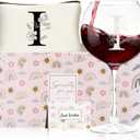 Monogrammed Wine Glasses with Makeup Bag Birthday Gift Set for women | Personalized letter design Unique Christmas Wedding White Elephant Gifts for Mom Dad Sister Teacher Wife Husband,I