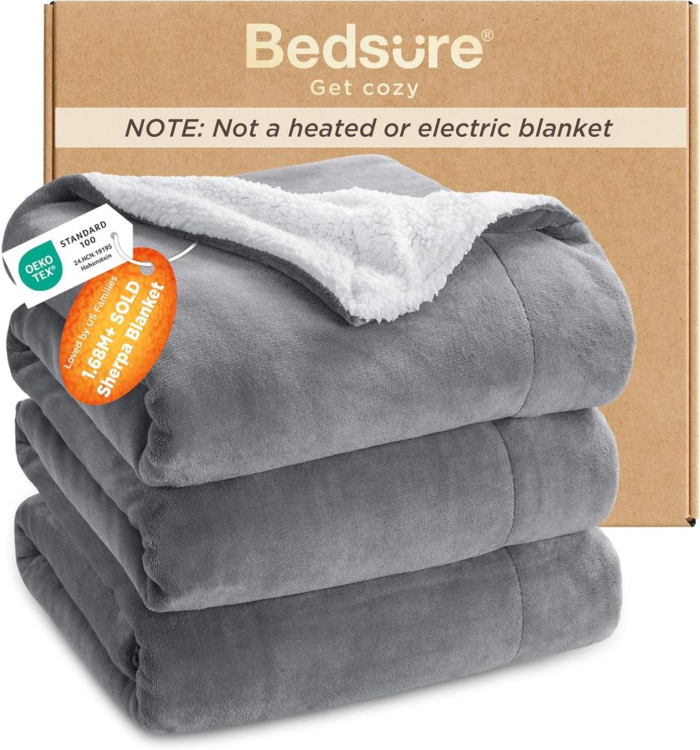 Bedsure GentleSoft Sherpa Fleece Queen Blankets for Bed, Non-Heated, Thick and Warm Throw for Women and Men, Soft Fuzzy Plush Queen Blanket for Winter, Grey, 90x90 Inches