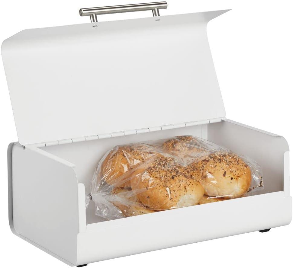 mDesign Metal Bread Box Bin with Hinged Lid - for Kitchen Countertop, Island and Pantry - Large Capacity Storage, Vintage-Inspired Design - Multi-Purpose Storage Container for Home - Matte White