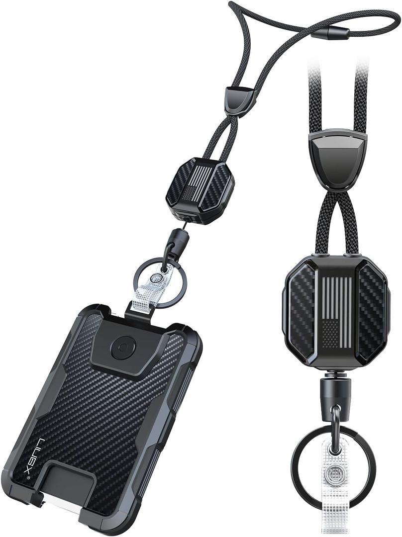 LIUGX Carbon Fiber Badge Holder with Retractable Breakaway Lanyard, American Flag, Badge Reel with Heavy Duty ID Card Holder (Holds 6 Cards) with 20" Retractable Cord, Keychain, 4.2 oz, Black