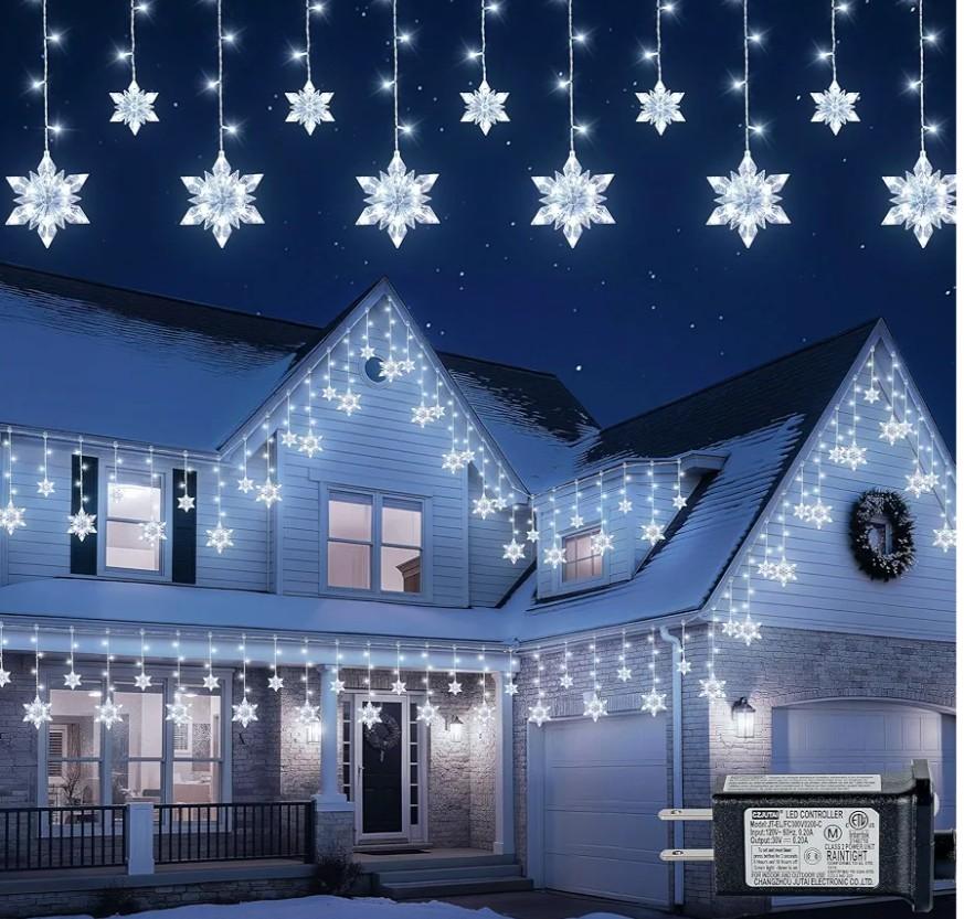 BEEWIN Christmas Snowflake Icicle Lights,8.2 FT 144 LED Snowflake Lights Outdoor with Timer,8 Modes Waterproof Connectable Christmas Light Plug in for Curtain Eave Window Indoor Outdoor Decor(White)