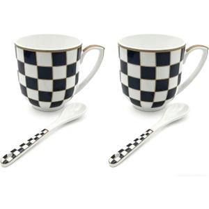 Porlien Checker Porcelain 12-ounce Mug Set of 2 with Teaspoon, Coffee Mugs Tea Cups