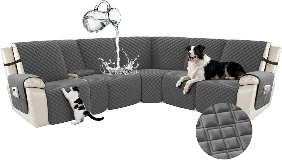 Arfntevss Waterproof Recliner Sectional Couch Covers for Reclining L Shape Sofa Cover Non Slip Washable L Shaped Slipcover Sets for Dog Furniture Protector (5 Seat with 1 Console Cover, Deep Grey)