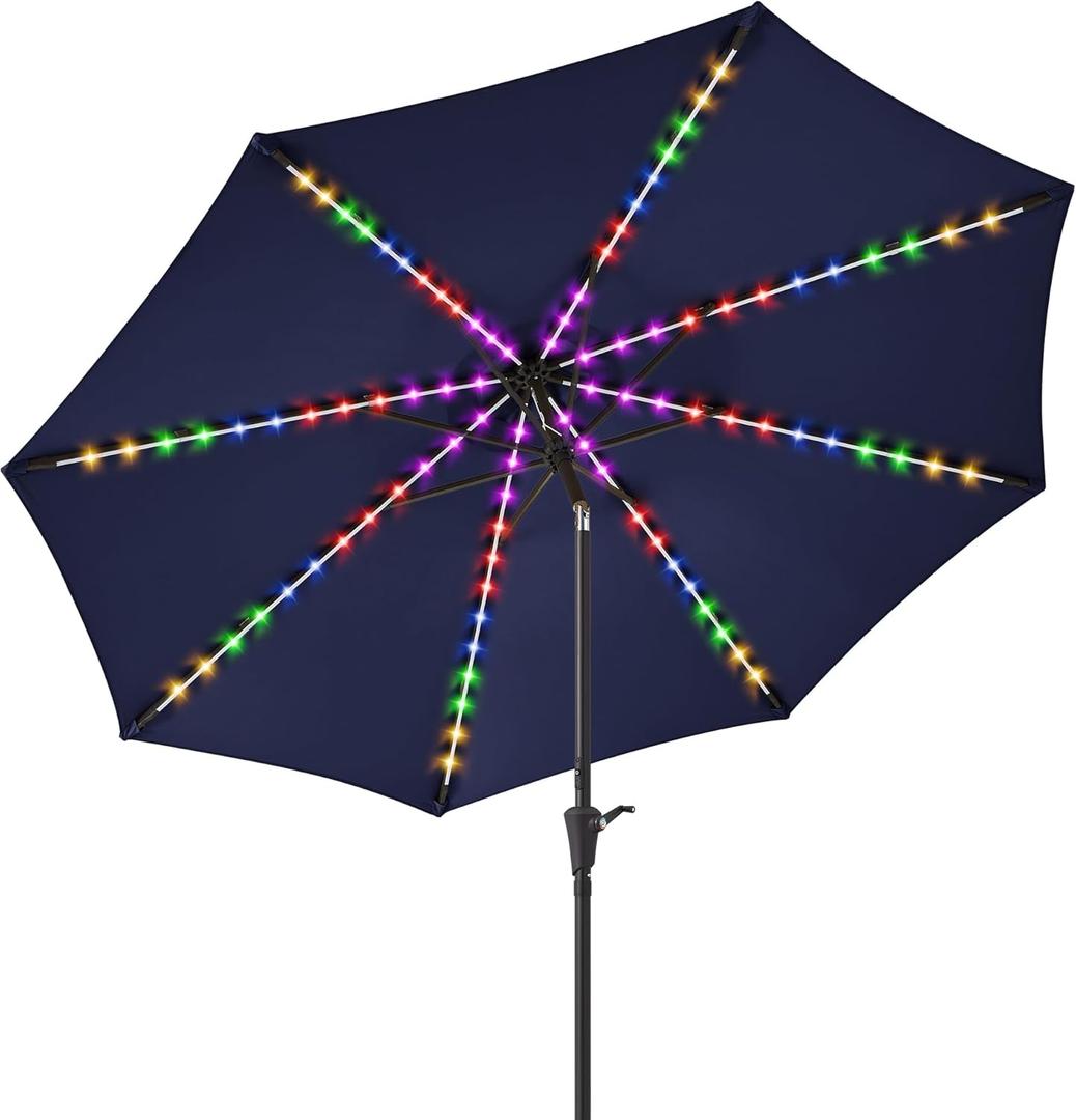 PEAKVONDER 7.5 ft Outdoor Patio Umbrella with Solar Lights - Small Heavy Duty Beach/ Table/ Pool/ Deck/ Market Umbrella, Dual Charging, Tilt, APP & Button Control, UV/ Fade-Resistant, Navy Blue HPU752NB