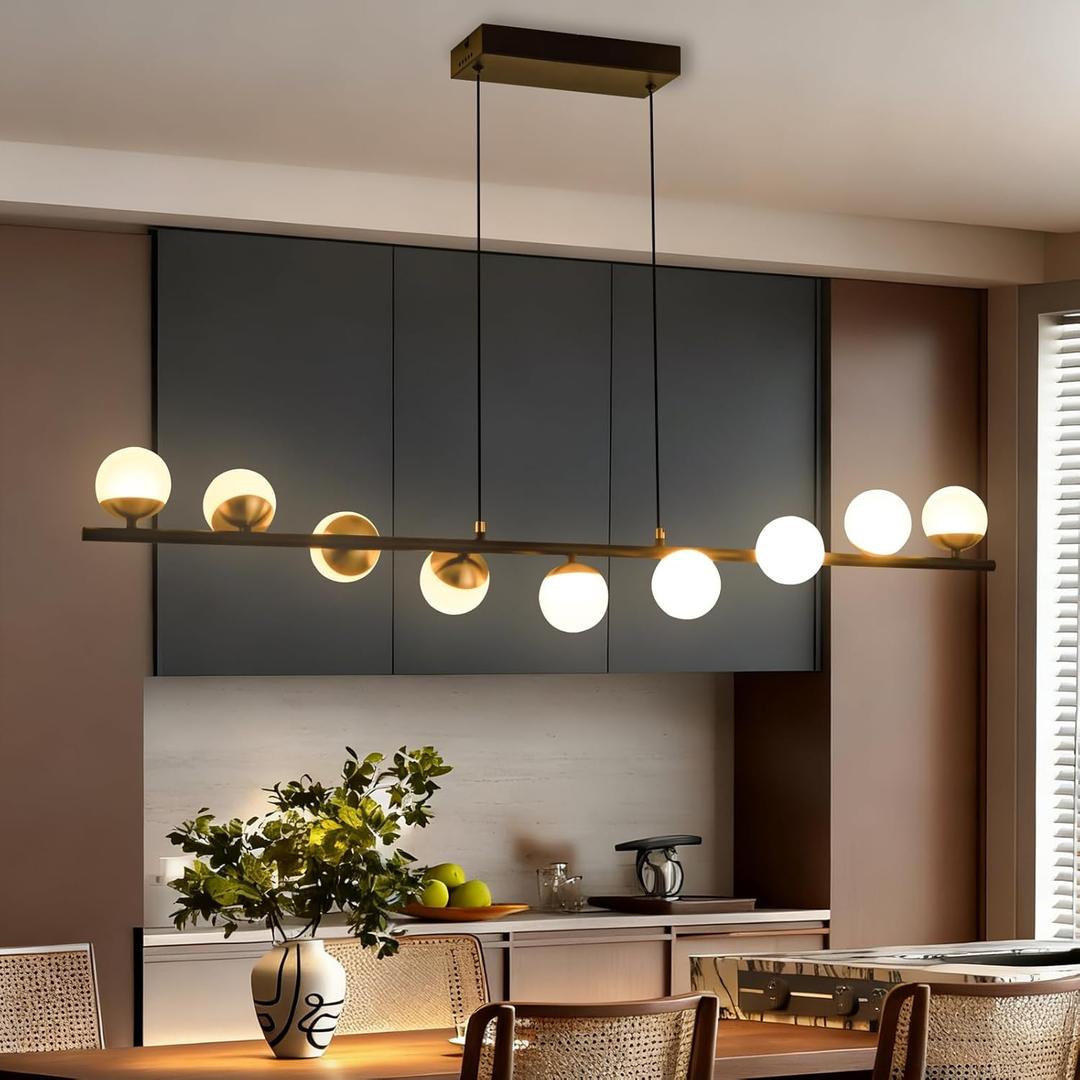 9-Light Modern Linear Chandelier, 43 Inch Black and Gold Globe Pendant Light with Dimmable LED & Adjustable Cord, Mid-Century Sputnik Chandeliers for Kitchen Island & Dining Room