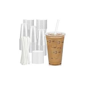 Clear Plastic Cups With Flat Lids,16oz Disposable Iced Coffee Cups with Straws