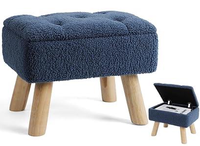 OGEMXU Storage Ottoman, Small Foot Stool Ottoman with Storage, Boucle Teddy Velvet Foot Rest with Padded Seat, Sturdy Wood Legs Stool for Living Room, Bedroom, Couch, Enterway (Cream)