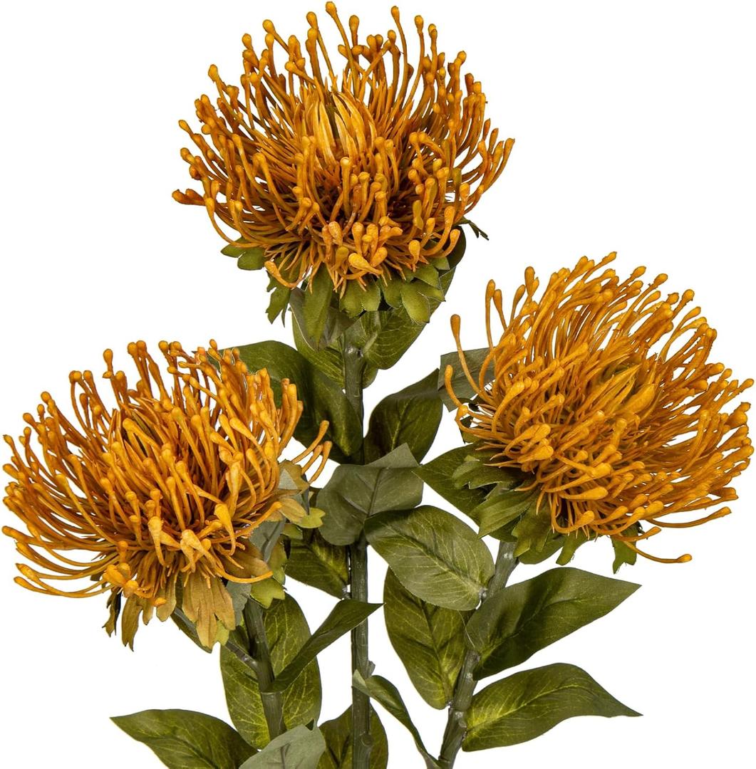 Hollyone 3Pcs Yellow Artificial Fall Flowers Spider Mum Flower 28.3'' Long Stem Fake Chrysanthemum Flowers Leucospermum Cordifolium Arrangement Faux Pincushion Flowers for Office Bouquet Home Decor