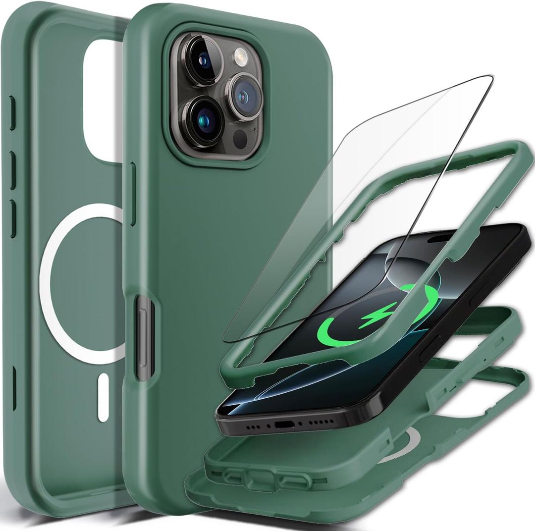 Coolwee Full Protective for iPhone 16 Pro Max Case, Compatible with MagSafe, for Men Women Girls, Hybrid 3 Layers Heavy Duty Rugged Shockproof Hard Case for iPhone 16 Pro Max Case Green