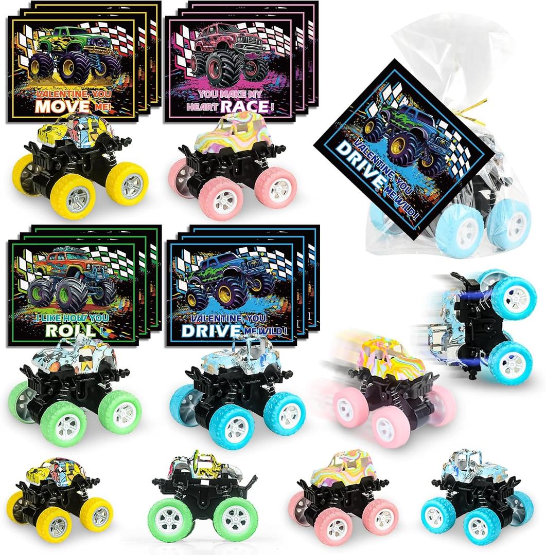 24 Pack Valentines Cards for Kids with Monster Truck Toys, Valentine's Greeting Cards for School Classroom Valentine's Gifts Exchange, Inertia Stunt Car Valentines Party Favors Prizes for Kids Boys