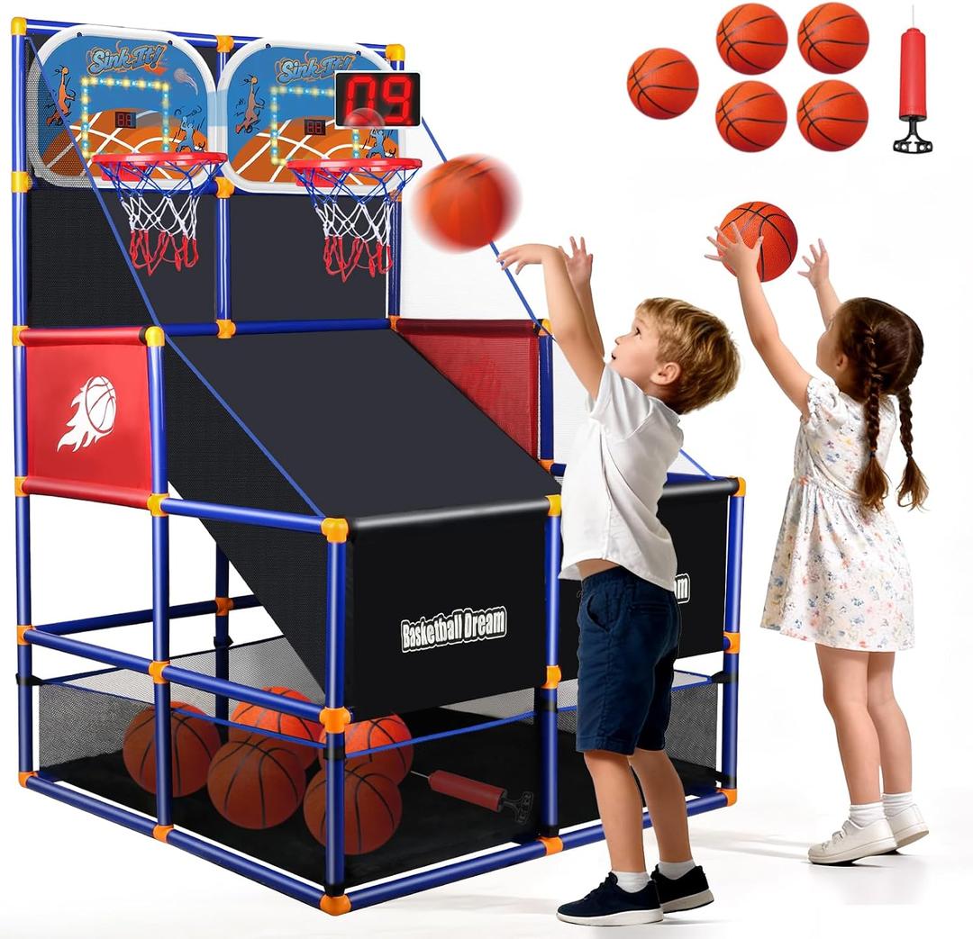 LED Arcade Basketball Game Set w/Electronic Scoreboard for Kids 2 Players, Boy Toys Basketball Hoop w/ 5 Balls for 3-12 Years Old, Adjustable Height w/Pump & Storage Net for Indoor Outdoor Play