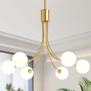 6-Light Sputnik Chandelier Modern Brushed Brass Dining Room Light Fixture Mid Century Gold Chandelier with Milk Glass Hanging Pendant for Kitchen Island Dining Room, Living Room, Bedroom, Foyer