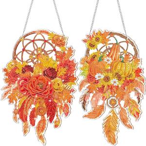 Saillong 2 Pcs Fall Thanksgiving Diamond Art Hanging Kits for Adults DIY Thanksgiving Diamond Painting Suncatcher Fall Pumpkin Dream Catcher Hanging Decor Autumn Wind Chime Decor for Home Wall Window