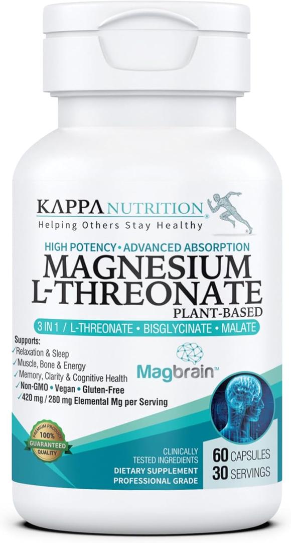 Kappa Nutrition Powered by Magbrain Magnesium L-Threonate Plant-Based, 60 Vegan Capsules, 420mg Elemental Magnesium (3 Capsules) from 2,253mg, Brain, Sleep & Muscle Support. (60 Count (Pack of 1)) Bbd 01/2028