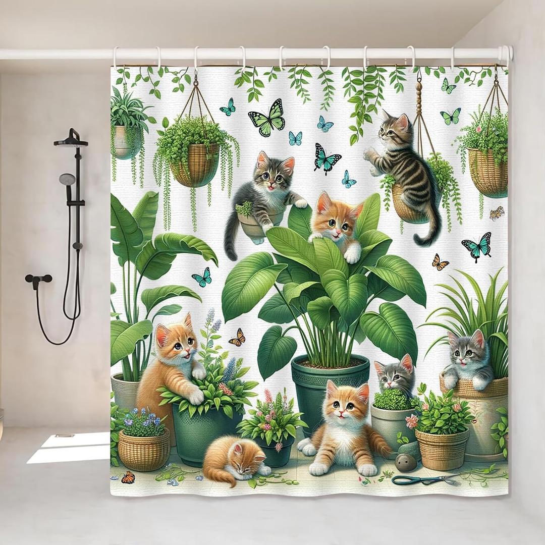 Cute Cat Shower Curtain- 72x72 Inch Floral Animal Bathroom Decor with 12 Hooks-Hanging Potted Plants Cats Waterproof Polyester Curtains - Modern Home Bedroom Decor & Birthday Gifts Adults