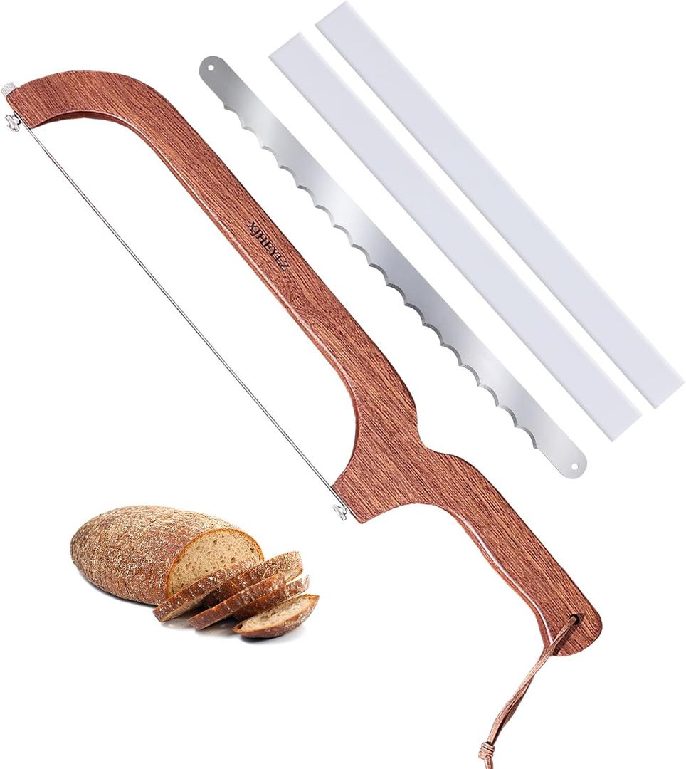 XJHEYLZ Sourdough Bread Knife, Bread Knife 16", Bread Slicer for Homemade Bread, Adjustable Blade Tightness for Even Slicing, Serrated Knife, Wooden Bread Cutter with Bow Design (3, Red-Brown Color)