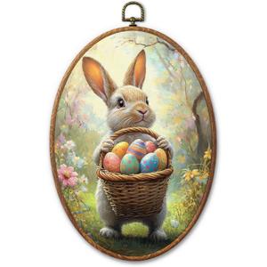 GMCDFHRQ Vintage Easter Bunny Oval Wall Decor, 8.3" x 11.6" Traditional Rabbit Holding Woven Basket of Easter Eggs Wall Art, Framed Print (006)