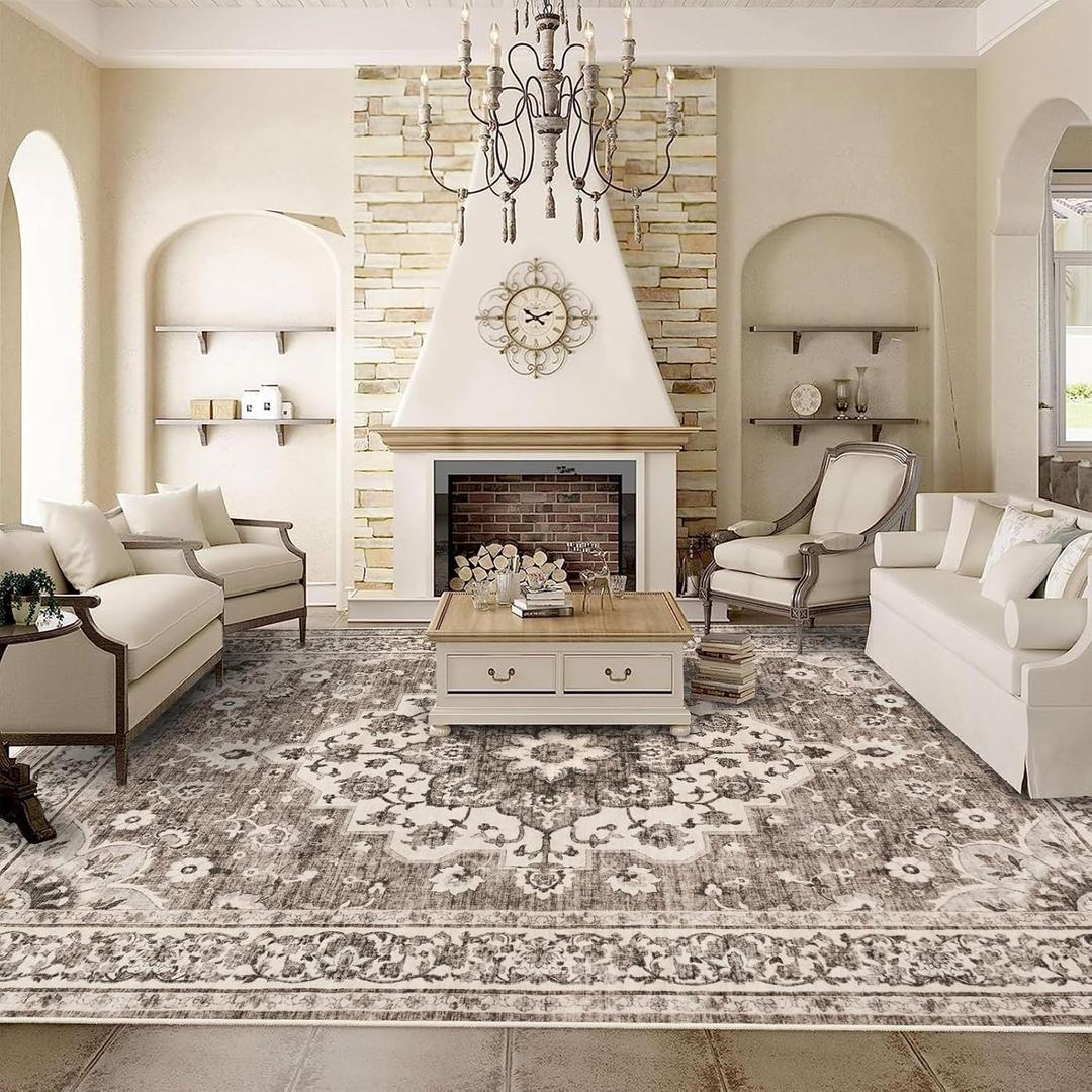 Washable Oriental Area Rug - 9x12 Rugs for Living Room Soft Carpet for Bedroom Waterproof Floral Distressed Indoor Stain Resistant Non-Shedding Floor Carpets (Beige, 9x12) (9' x 12')