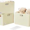 3-Pack Foldable Fabric Storage Bins with Durable PU & Metal Handles , Collapsible Storage Baskets for Shelves, Home Storage, Closet Organizers, Living Room(17"x11.8"x11.8", Beige) (Extra Large)