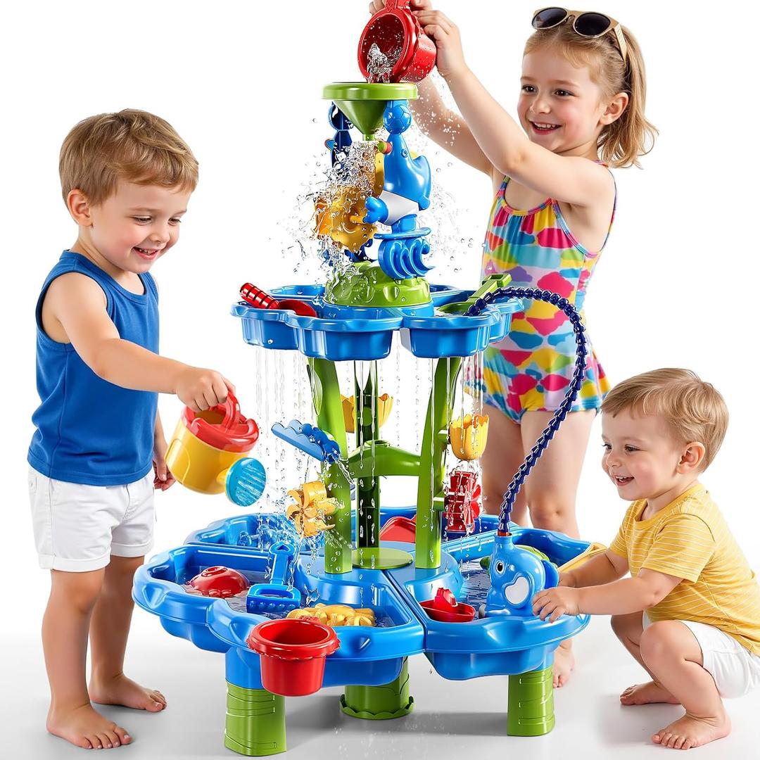 2-Tier Auto Water Table with Pump, Summer Outdoor Beach Outside Backyard Activity Sensory Sand Water Table, Birthday Party Gifts for Kids Boys and Girls Ages 3 4 5 6 7 8