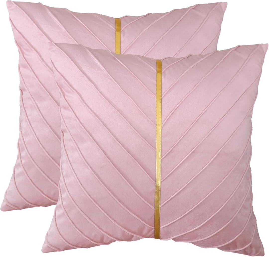 Pink Velvet Pillow Covers 20x20 Pack of 2 with Gold Leather Valentine's Day Decor Couch Pillowcases Luxury Modern Soft Throw Pillow Cover Spring Summer Home Decor for Wedding Sofa Bed