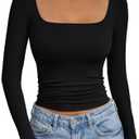 Trendy Queen Womens Double Lined Square Neck Long Sleeve Slightly Crop Slim Fit Tops Casual Layer Basic Tee Shirts 2025, Large