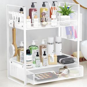 VITVITI 2 Tier Bathroom Organizer Countertop with Drawer, Metal Mesh Bathroom Counter Vanity Organizer Storage, Bath Room Shelf Sink Kitchen Spice Rack with Basket Hooks, White