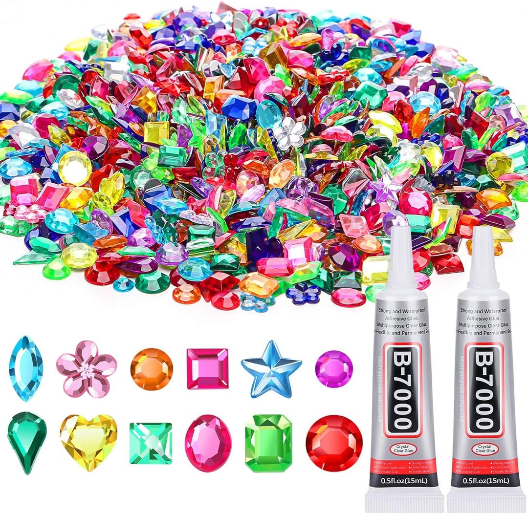 Anezus Anezus1200Pcs Craft Gems with 2Pcs B7000 Jewelry Glue, Flat Back Sequins Jewels Embellishments Rhinestones Gemstones for Bedazzling, Decor, Clothing (Small)