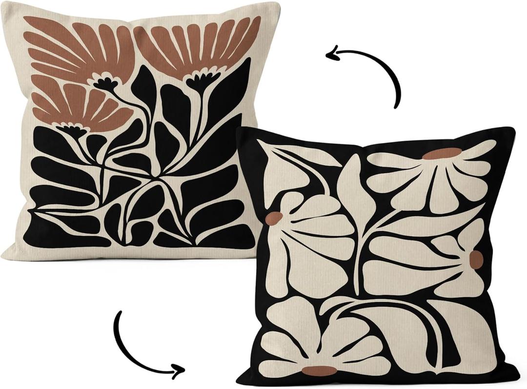 HIWX Boho Black and Beige Floral Pillow Covers 18 x 18, Botanical Neutral Plant Decorative Throw Pillow Cover, Abstract Bohemian Flower Plant for Sofa Bed Girls Room Home Decor Reversible Pillowcase