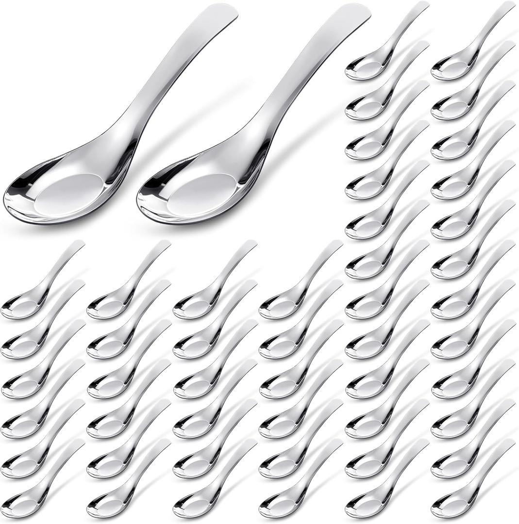 Tioncy 50 Pcs Stainless Steel Soup Spoons Mirror Polished Asian Soup Spoons for Bouillon Dessert Cereal Ramen Pho Wonton Dumpling Noodles