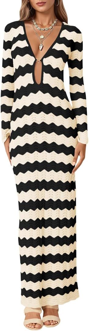 Saodimallsu Womens Crochet Summer Maxi Dress Striped Sexy Cut Out V Neck Long Sleeve Knit Cover Up Beach Dresses (S)