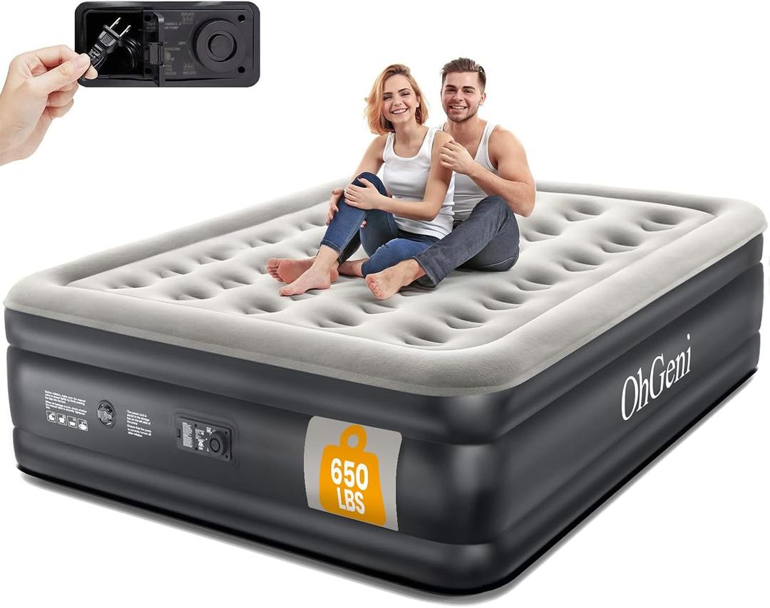 OhGeni Queen Air Mattress with Built in Pump, Inflatable Blow Up Mattress 18 Raised Comfort,Upgraded Surface Portable Mattress, Air Bed for Camping, Home and Guest, Colchone Inflable, 650 lbs Max (Black)