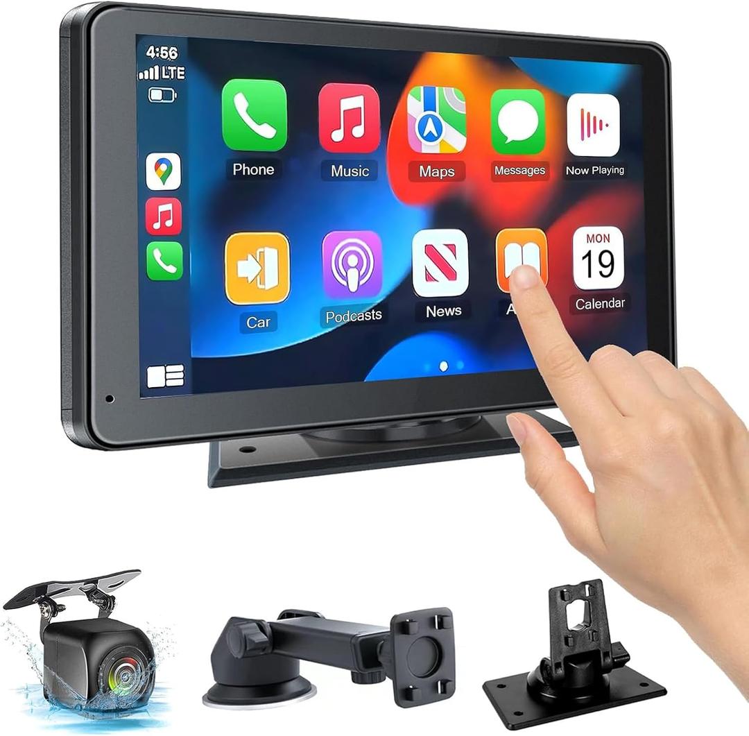 Hieha 2025 Wireless Portable Carplay and Android Auto, Carplay Screen for Car with Mirror Link/AUX/FM,7" Touchscreen Bluetooth 5.0, Marine Stereos for All Vehicles