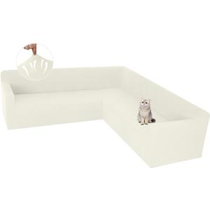 ALIECOM Stretch Corner Sectional Couch Covers L Shape Sofa Covers Washable Sectional Slipcovers U Shape Jacquard Living Room Pet Dogs Furniture Protector with Elastic Bottom (Cream White, Middle)