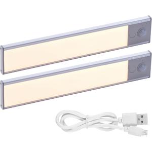 PureOptics LED Rechargeable Under Cabinet Lighting, Motion Sensor On/Off, Warm White LED, Stick-On Install for Kitchen & Closets - 2 Bars (Silver)