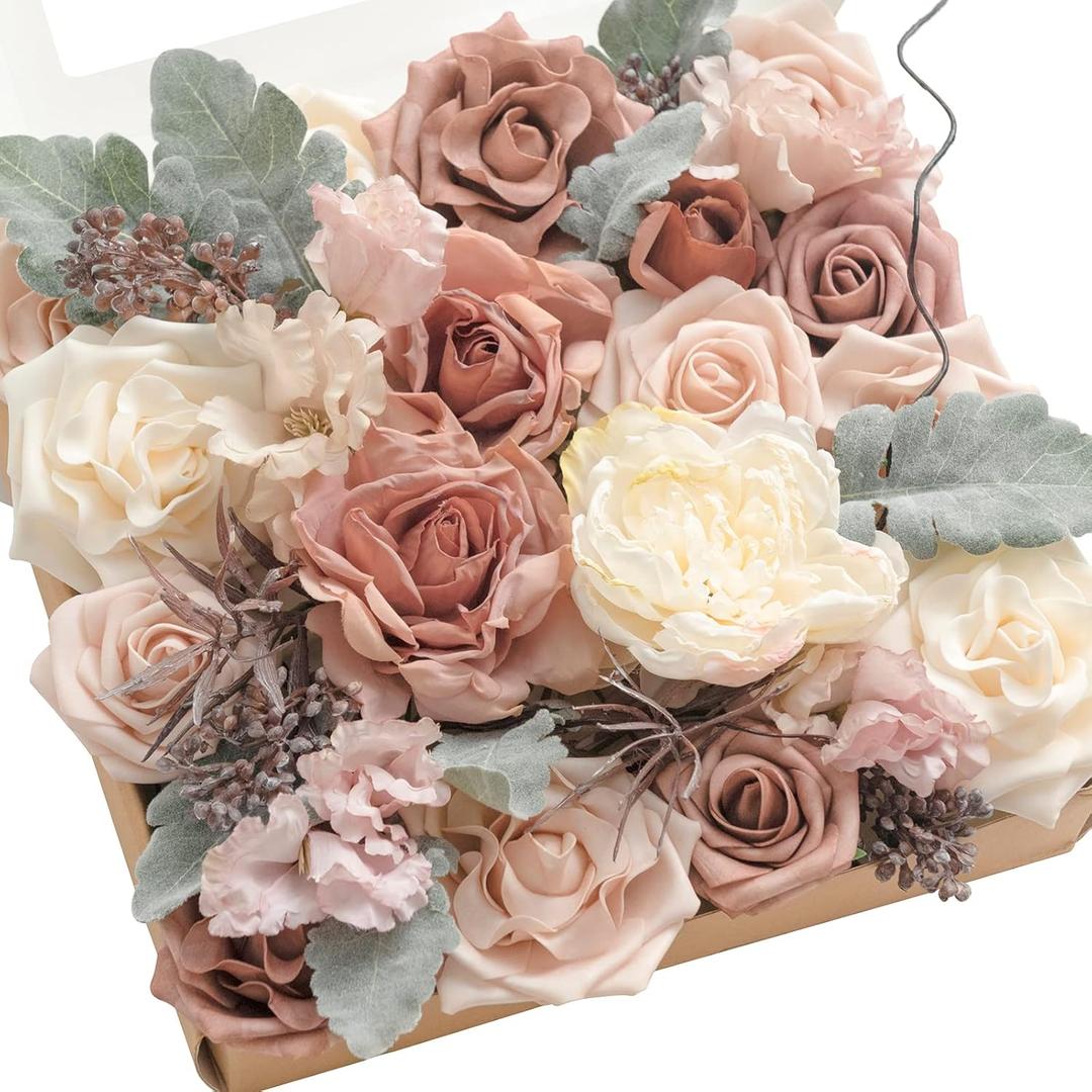Ling's moment Fake Flowers Box, Faux Artificial Greenery Stems Foam Roses Silk Peonies Fabic Flower for Centerpieces Bouquet Wedding Vase Decorations, Dusty Rose & Cream & Flocked Leaves, Grand Combo