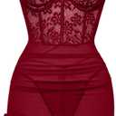 Foxiny Sexy Corset Bodycon Ruffle Sheer Underwire Mesh Lace Floral Outfits Babydoll Lingerie Set Dress with Thong 2 Piece (Red, L)
