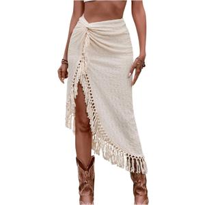 SHENHE Women's Twist Front High Slit Fringe Skirt Asymmetrical Tassel Boho Midi Skirt (Medium, Apricot)