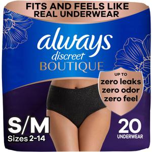 Always Discreet Boutique Incontinence and Postpartum Underwear for Women, Maximum Protection, S/M, Black, 20 Count 