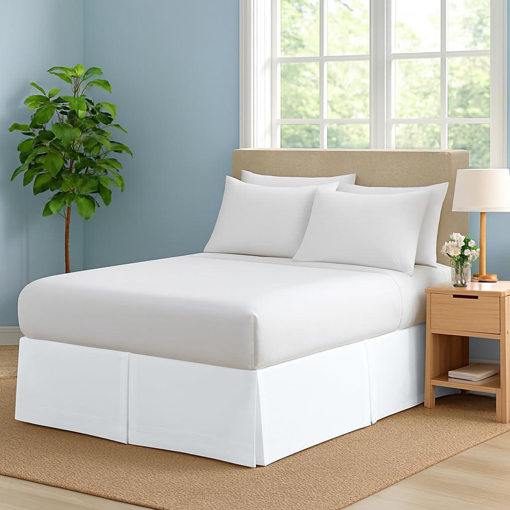 Premium Queen Size Bed Skirt by Comfort Beddings 100% Cotton Blend, 11" Drop Length, Split Corner, Tailored Fit, Elegant Pleated Style, White