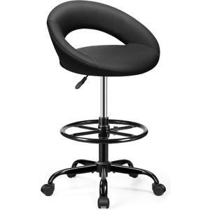 Office Drafting Chair - Bar Stools with Back Support, Adjustable Foot Rest and Wheels, Shop Rolling Swivel Chair for Standing Desk Counter Kitchen Salon Home Vanity, Black (1 Pack)